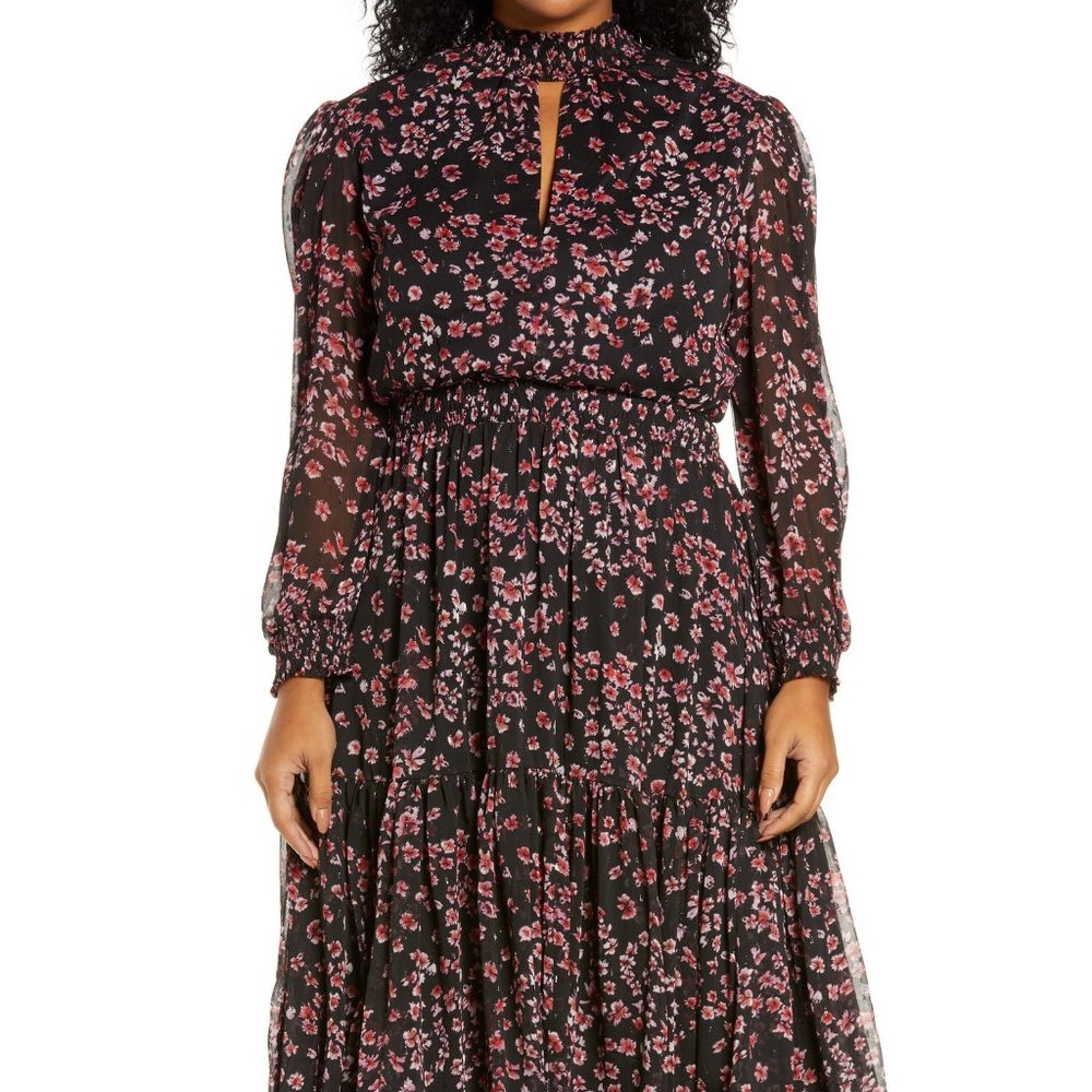 Charles Henry Floral Smocked Waist Long Sleeve Midi Dress